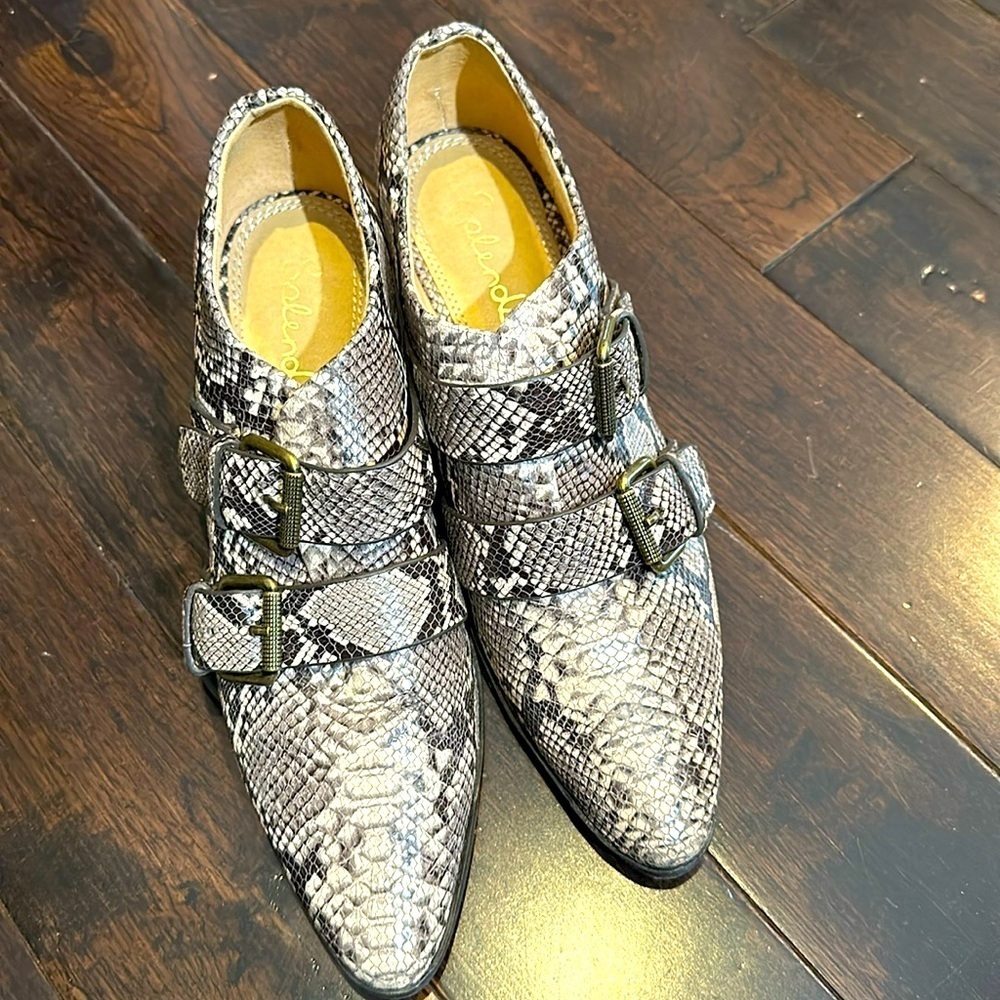 Splendid black gray white snake print buckle pointy toe shoes size 8.5